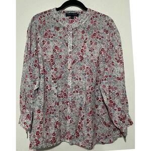 Tommy Hilfiger Floral Button Front Blouse Tie Cuff Long Sleeve XL